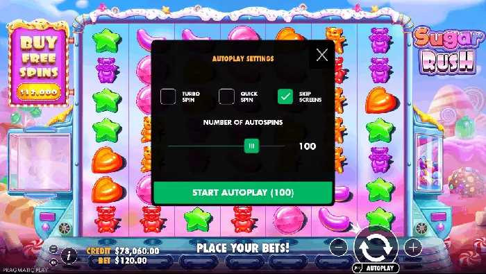 Pengaturan Autoplay dan tombol spin pada Sugar Rush.