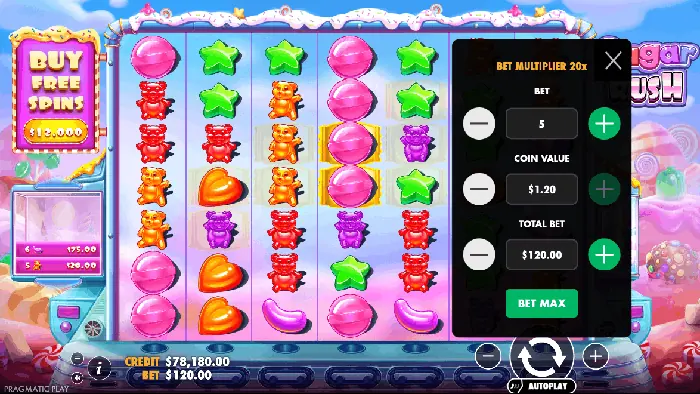 Panel pengaturan taruhan dalam permainan Sugar Rush.