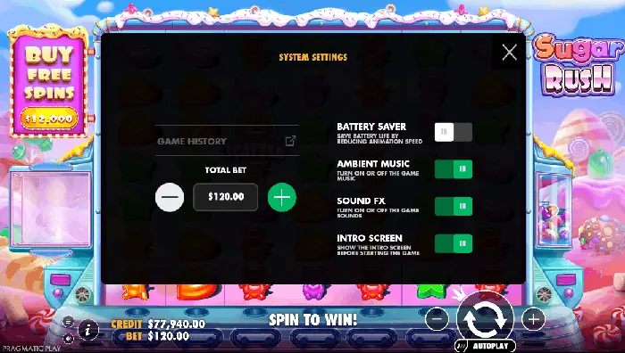 Menu des réglages de Sugar Rush avec les options de son et d’introduction